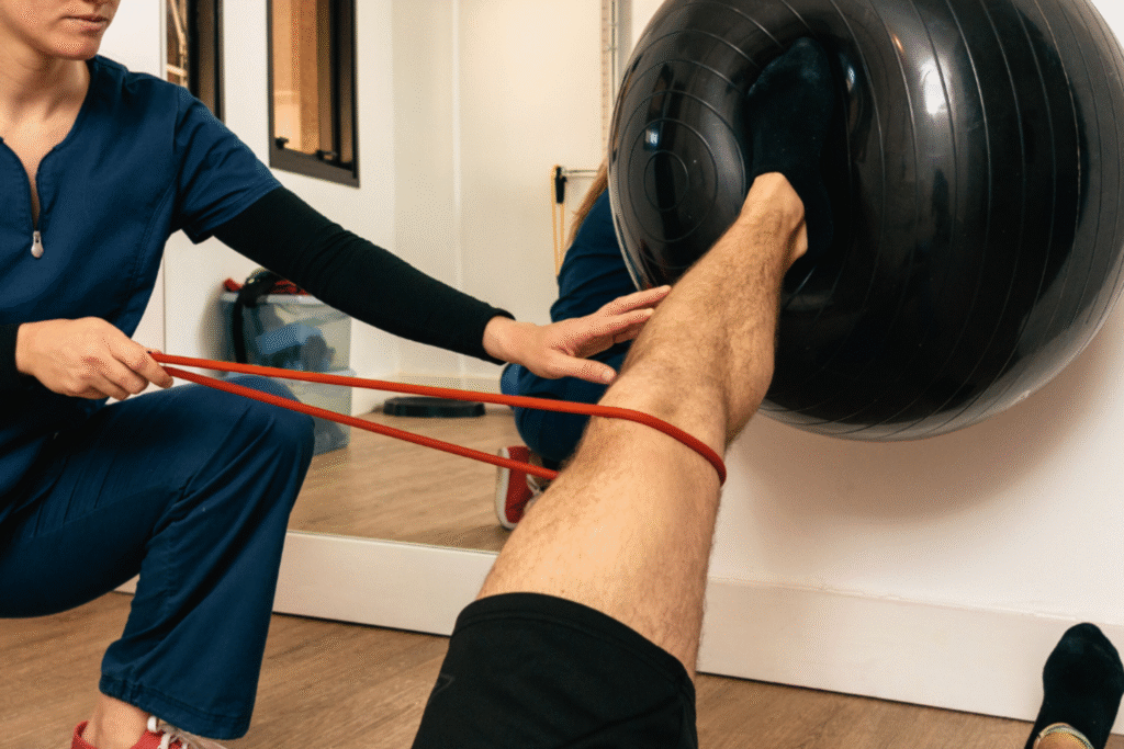 Athletic physiotherapy exercise involving a balancing and resistance movement