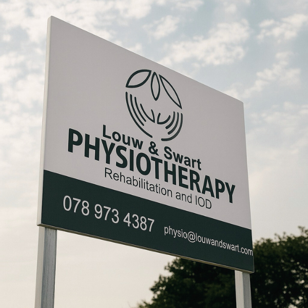 Practice sign outside the practice location with the name 'Louw and Swart Physiotherapy' on it