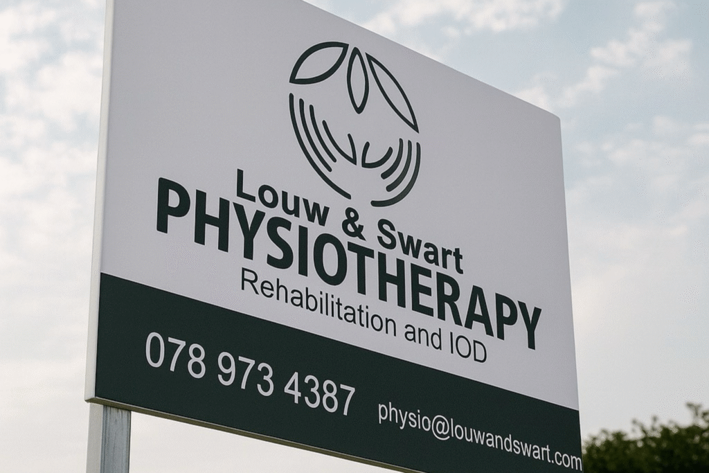 Practice sign outside the practice location with the name 'Louw and Swart Physiotherapy' on it