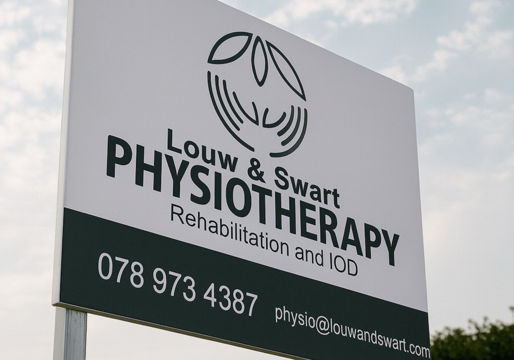 Practice sign outside the practice location with the name 'Louw and Swart Physiotherapy' on it